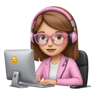 woman emoji with light pink glasses working on computer, light skin, long medium brown hair sticker