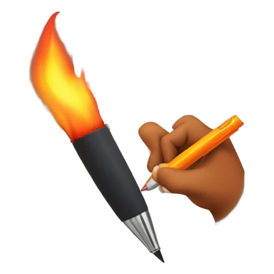 A hand holding a pen and writing with flames coming from the paper sticker