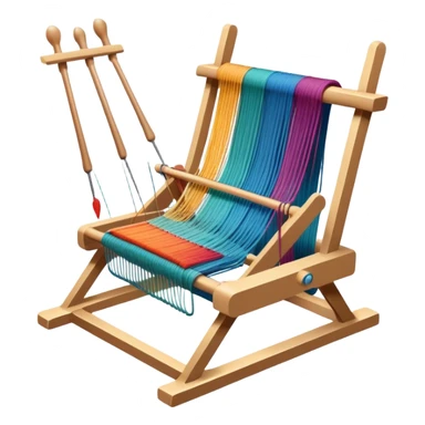 Weaving icon, loom with threads in various colors, visible shuttle, spools of yarn, and weaving tools in progress, fabric being woven, minimalistic style, clean lines, transparent background. sticker