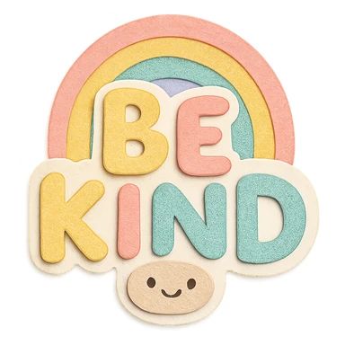 Soft pastel rainbow chubby hand-drawn "Be Kind" lettering, kawaii style, high resolution, no outline, sticker design, transparent background sticker