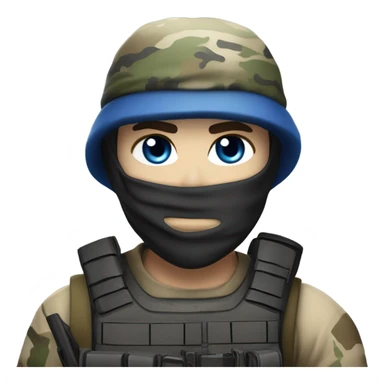 male, pale skin, call of duty face mask, camo tactical gear, combat boots, black beanie, blue eyes sticker