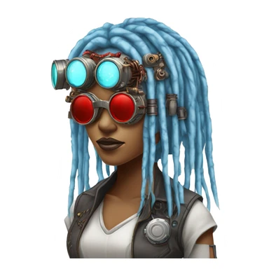 Light blue long dreadlocks female cyborg head with red steampunk goggles and circuits sticker