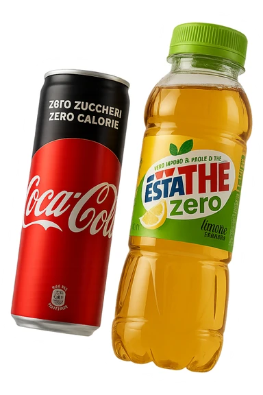 lattina di coca cola zero fluttua accanto a bottiglia di esta-thè zero, iperrealistiche 4k sticker