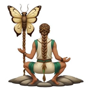full body druid man, tan skin, long braid, from behind kneeling at lake edge, moths behind shoulders sticker