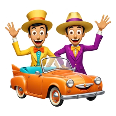 A vintage movie poster-style design with two goofy characters in outrageous outfits, showing exaggerated, silly expressions. Include elements like a goofy car, ridiculous props, and comical facial expressions. Retro comedic style with vibrant colors. Transparent background. sticker