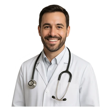 doctor, medical professional, stethoscope, friendly expression, white coat sticker