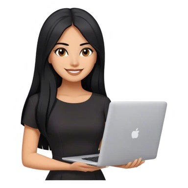 beautiful woman boss, with long straight black hair, with make up, black eye liner, smile, mexican, brown skin, with laptop, wearing litlle black dress, she stand up sticker
