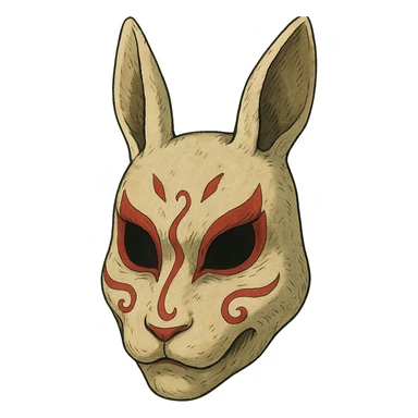 ghibli style evil white rabbit mask with red accents, intricate details sticker