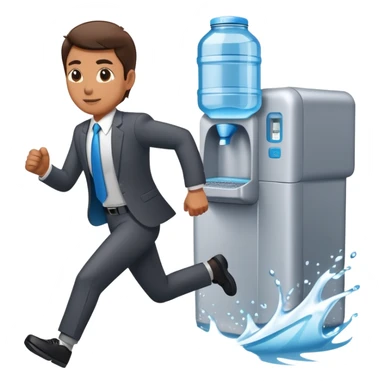 Company director running a marathon in a business suit next to a water cooler sticker