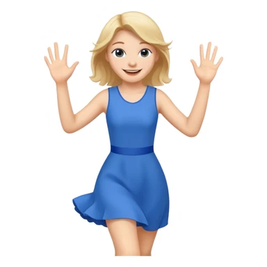 A girl in a blue dress runs and waves hello sticker