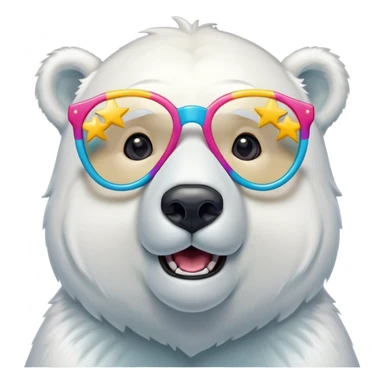 head and shoulders of a friendly anthropomorphised polar bear wearing oversized colorful star glasses, excited expression sticker