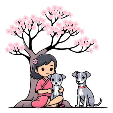 A young Chinese girl with long black hair and a pure grey Italian Greyhound with no white markings sitting under a cherry blossom tree sticker