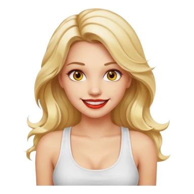 a woman with white tank top and smile, her hair is long wavy blonde hair, her face is baddie girl style, her eyes color are yellow and the color of her lip is soft red sticker