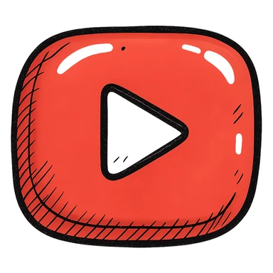 chubby playful YouTube play button in red, soft inflated rounded form, bold black outline, strong shadows, shiny highlights, no background, juicy inflated cartoon style sticker
