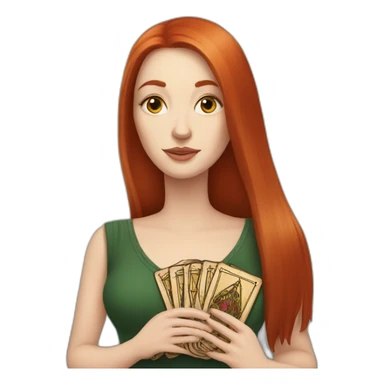 redhead white woman medium long straight hair, holding a tarot card in her hand sticker