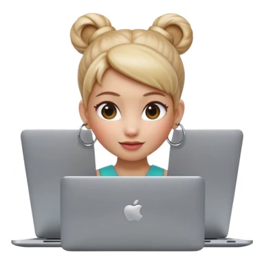 3D Apple Memoji–style emoji, female character with high bun and hoop earrings, peeking over a silver laptop, soft lighting, smooth plastic texture, transparent PNG, 4K. sticker