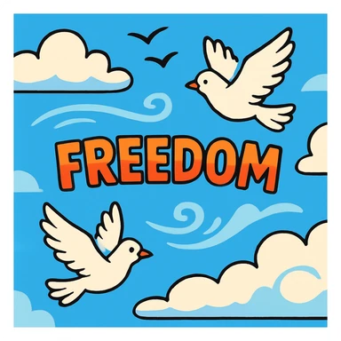 the concept of freedom, open sky with clouds, cartoon style sticker
