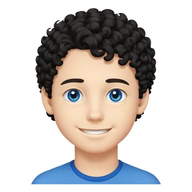 boy, young face like 18 years, blue eyes, medium curly hair black, easy smile sticker
