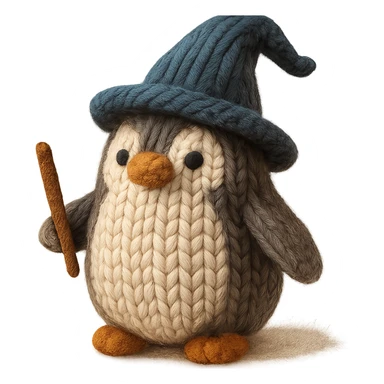 {
  "style_description": {
    "overall_look": "Hand-knitted, cozy and tactile aesthetic resembling wool or yarn craft",
    "material_simulation": {
      "primary_material": "wool yarn",
      "texture_detail": "clearly defined knit stitches with soft loops and fiber fuzziness",
      "pattern": "stockinette knit texture with natural irregularities"
    },
    "geometry": {
      "edge_style": "rounded edges with slight imperfection, simulating hand-crafted softness",
      "dimensionality": "three-dimensional appearance with realistic layering of yarn strands"
    },
    "lighting": {
      "type": "soft, diffused lighting",
      "purpose": "highlight the depth and texture of the knit material without harsh shadows"
    },
    "render_constraints": {
      "avoid": ["flat design", "synthetic appearance", "glossy finishes"],
      "focus_on": ["fiber texture", "tactile quality", "handmade look"]
    },
    "background": {
      "color": "cream white",
      "style": "plain and neutral",
      "lighting_consistency": "matches soft diffused lighting of subject to maintain cohesive appearance"
    },
    "theme": "warm, crafted, comforting"
  }
}

{subject} = penguin wizard sticker