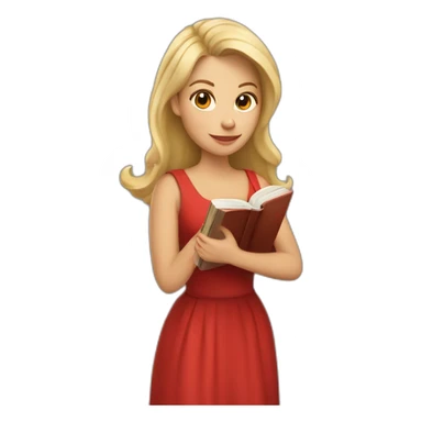 Mujer con un libro, rubia con cabello rizado y vestido rojo sticker