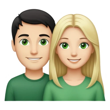 Smiling couple of blonde girl with long hair green eyes and boy with short black hair and green eyes sticker