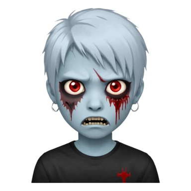  3D emoji-style avatar with very pale blue-grey zombie skin , a young Asian face, and large eyes with blood tears. Give it white litle bit messy mullet hair style , silver hoop earrings, and a plain black T-shirt. The face expression should be slightly angry, with vampire fang sticker