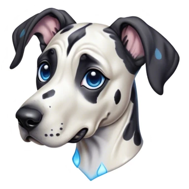 Cinematic Cute Harlequin Great Dane Portrait Emoji, Head tilted playfully and inquisitively, featuring a glossy coat of predominantly white with dynamic black patches, round, sparkling blue eyes filled with gentle curiosity, Simplified yet irresistibly adorable features, highly detailed, glowing with a warm, friendly glow, high shine, affectionate and gentle, stylized with a touch of whimsy, bright and endearing, soft glowing outline, capturing the essence of a mischievous yet loving pup, so playful it feels like it could lumber out of the screen and into your arms! sticker