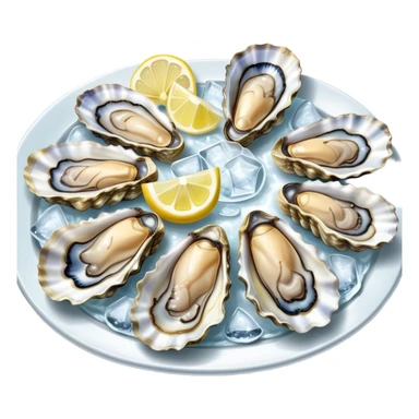 Cinematic fresh oysters on the half-shell, glistening with seawater, served with lemon wedges and ice, soft glowing highlights, elegant and luxurious. sticker