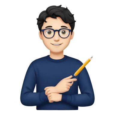 Young caucasian man with black wavy hair, round glasses, navy blue sweater, confident trustworthy smile, professional designer with pen sticker
