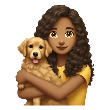 Tan skinned teenage girl with dark brown long curly hair hugging a golden retriever puppy sticker