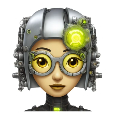 Neon yellow bobbed hair Asian female cyborg head with silver steampunk goggles and circuits sticker