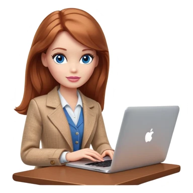 A Barbie girl with blue eyes, shoulder-length reddish-brown hair, made-up, wearing a beige tweed jacket and a beige skirt, is sitting with a MacBook sticker