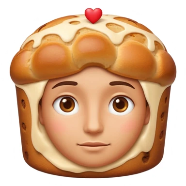 Apple-style emoji illustration of a person with dreamy eyes thinking of a traditional panettone, small hearts floating around, soft 3D emoji style, smooth gradients, rounded shapes, warm festive colors, simple expression, centered composition, transparent background, no text. sticker