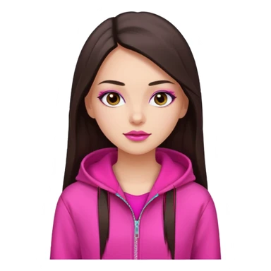 generate a pretty fair bratz girl with dark brown eyes, dark brown hair straight long. Wearing a hot pink zipper hoodie, pink lipgloss sticker