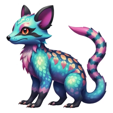 Rare iridescent white exotic epic aesthetic colorful Salandit-Eevee-Civet-species-Fakemon-hybrid-creature, with intricate tattoo markings, full body sticker