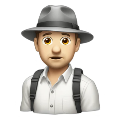 tim robinson wearing a grey fedora white shirt only looking scared and sad facing left - safariflap attached to back of hat sticker