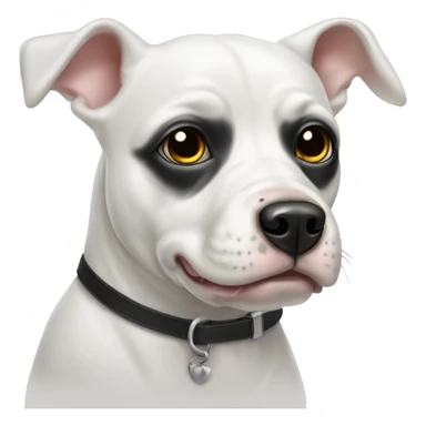 white shortybull dog with one black eye sticker