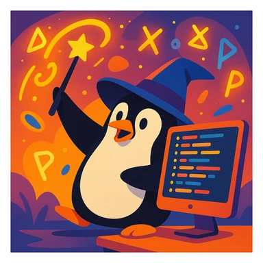 a penguin wizard with a pointy hat, casting a spell over a computer screen filled with code, surrounded by floating runes sticker