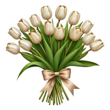 A big bouquet of pearl and beige colored tulips tied with a brown silk bow  sticker
