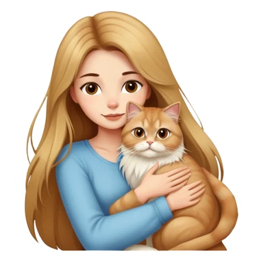 A pretty girl with long brown hair is hugging her blonde Persian cat. The girl has brown hair, and only the cat is blonde. sticker