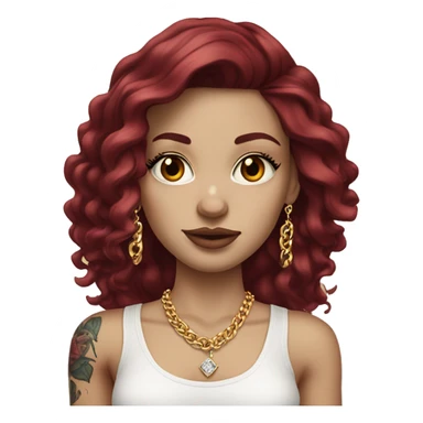 Pale white European girl with long burgundy hair, long eyelashes and has tattoos. She is wearing a crop top shirt and gold chain necklace and diamond earrings  sticker