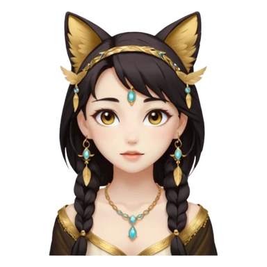 Beautiful gorgeous anime lady with beautiful dark-brown-special-hair, fashion aesthetic, ethereal, feather, accessories, gold jewelries, gold, colorful, feline ears sticker