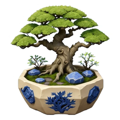 Alien viney landscape mudman very old broken cracked intricate Stone Age rocky-crusted irregular dodecagon-shaped shallow dark moss rough bark blue willow flowered maple tree bonsai pot sticker