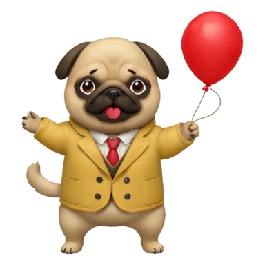 A pug in a yellow coat holds a red balloon on a string sticker