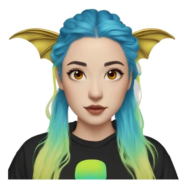 Lady with brunette and iridescent blue hair, gold, lime green dragon wings, black hoodie, bleach dyed, black and gold Nike t shirt, and bright red eyes sticker
