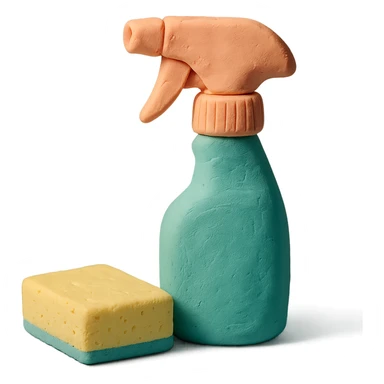 spray bottle and sponge in claymation style, pastel colors, visible fingerprints sticker