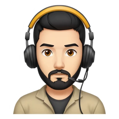 Serious gamer face with black hair, brown eyes, black beard, wearing gaming headset sticker