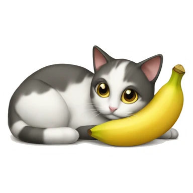 The cat is lying with a banana sticker