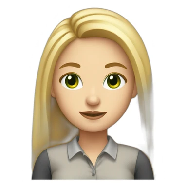 A girl who has blonde and long hair green eyes working in an office with pc sticker