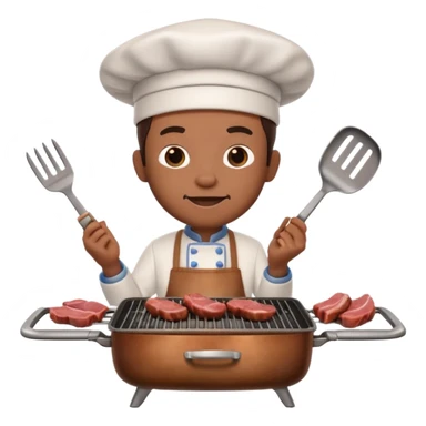 A 3D cartoon cook flipping meat on a grill with tongs, gentle smoke effect, Memoji-style lighting. sticker